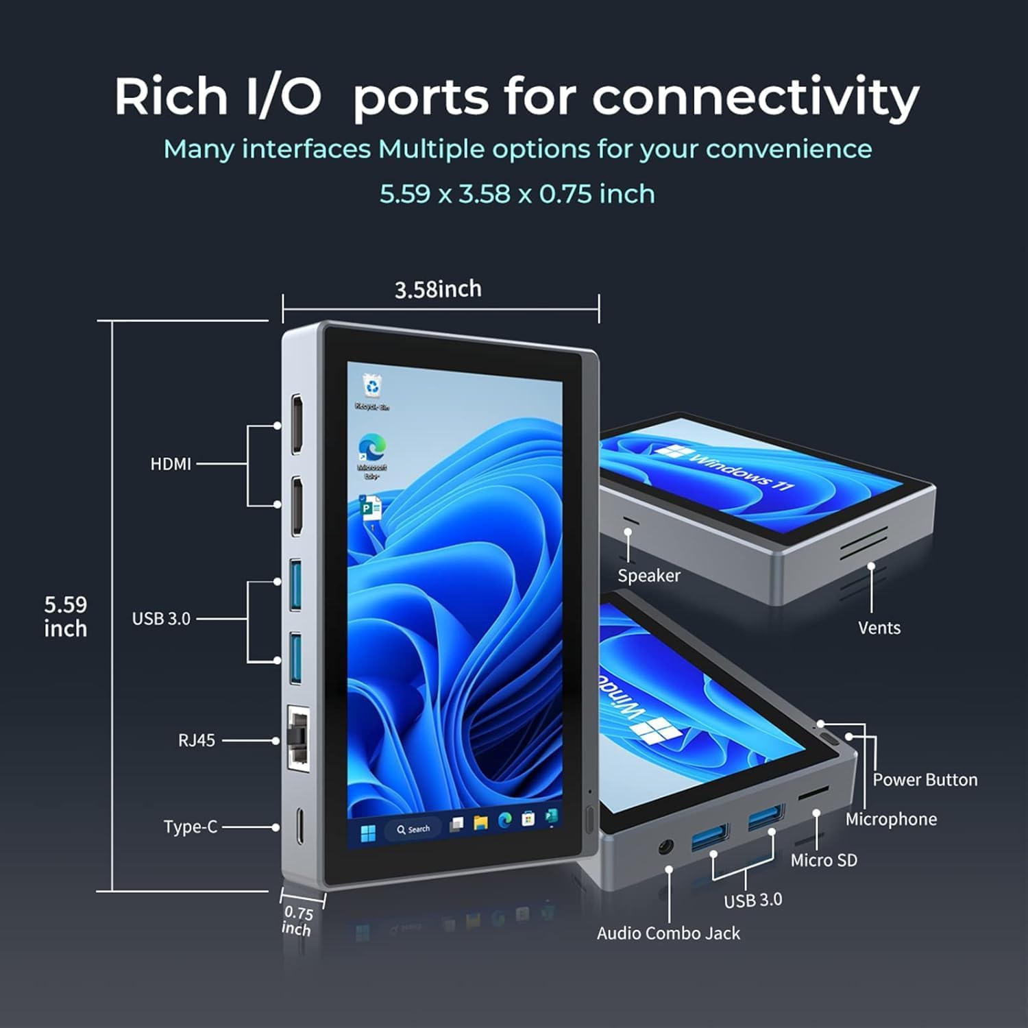 Mini PC Computer-Mini PC Gaming Celeron N5095 8GB RAM 128GB ROM, Win 11 Pro Mini Desktop Computer with 5.5 inch Touchsreen, Support 4K@60Hz Display, WiFi5 BT5.2 Gigabit Ethernet, Full-function Type-C